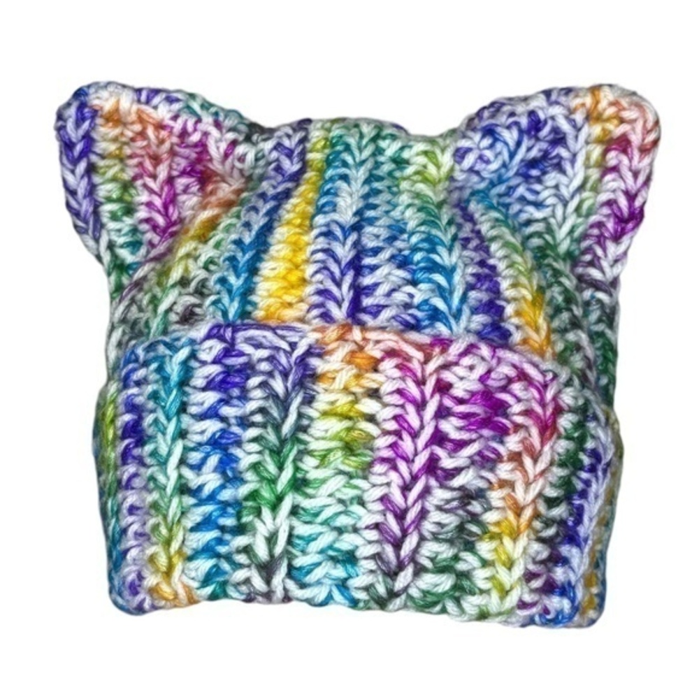 Handcrafted Crochet Winter Hat Rainbow Ice Yarn White Big Twist Cat‎ Ear Ribbed